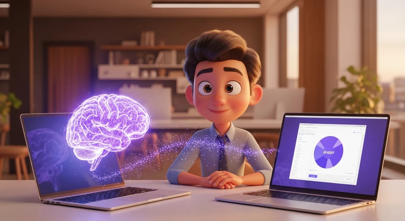 Illustration style Pixar : un cerveau lumineux violet voyage entre deux ordinateurs portables pour transférer la mémoire d'une IA à une autre