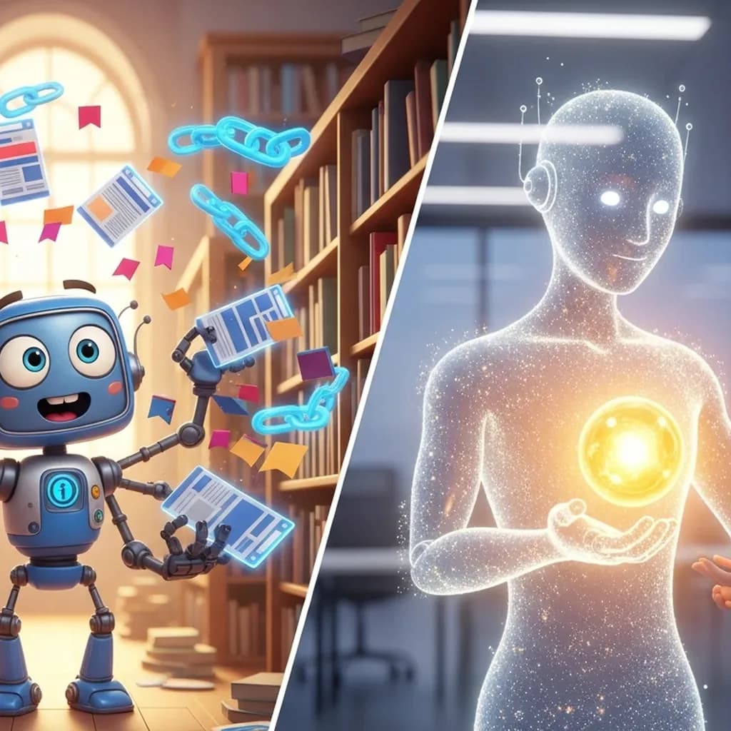 Illustration style Pixar comparant un moteur de recherche classique et un moteur de réponse IA